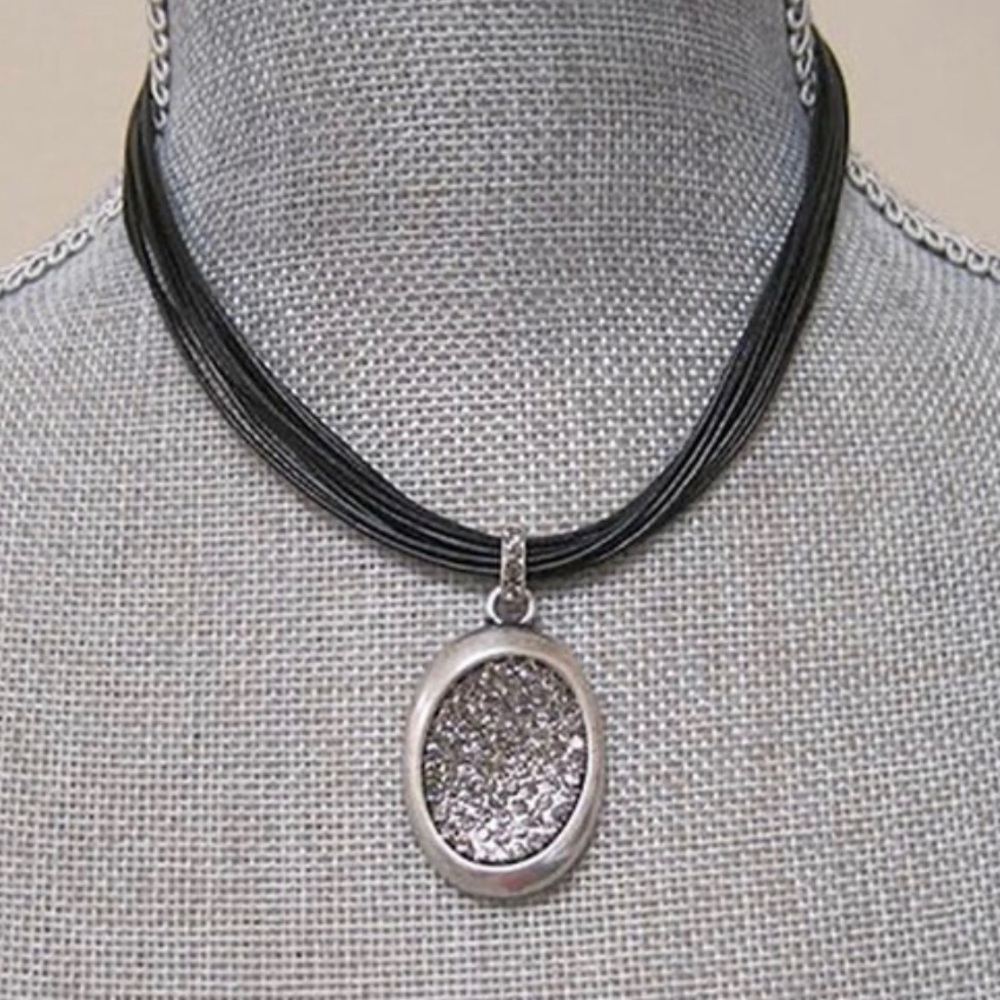 Escape From Paris Pavé & Pewter & Leather Necklace